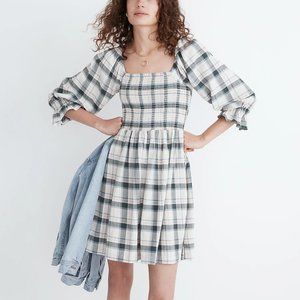 Lucie Elbow-Sleeve Smocked Mini Dress in Lebaum Plaid